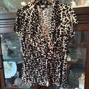 DKNY Black and Cream Wrap Blouse with Notched Collar